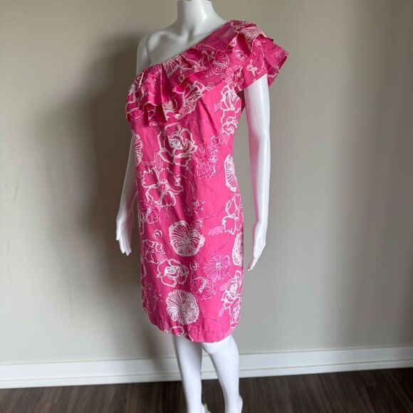 Lily Pulitzer One Shoulder Sandra Ruffle Dress Size 10 Pink - Picture 4 of 8